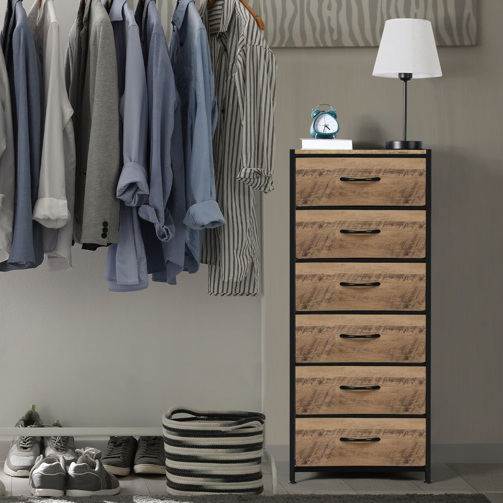 6-Drawer Rustic Brown Dresser - Fabric Chest of Drawers with Wood Top for Bedroom