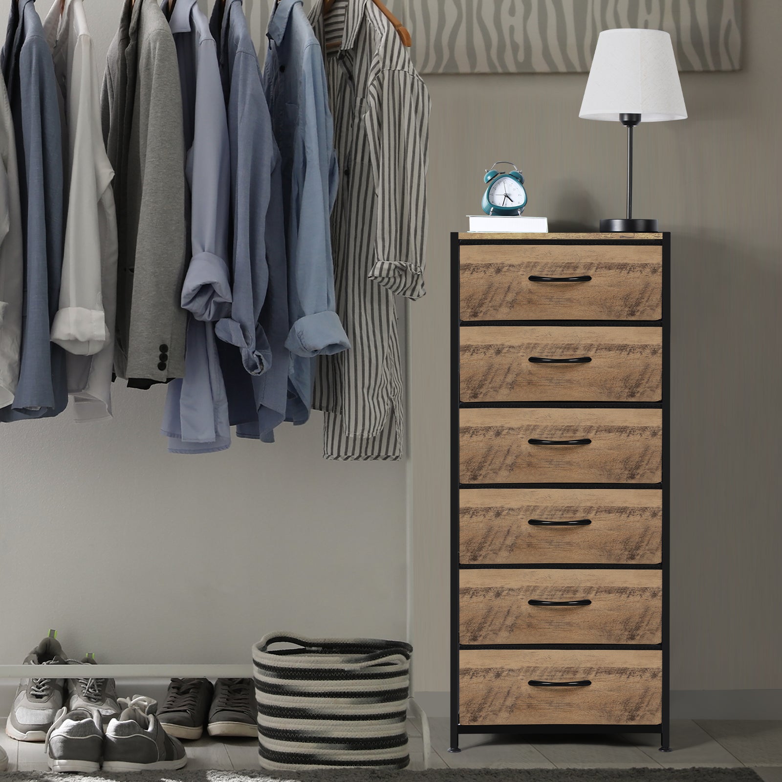 6-Drawer Rustic Brown Dresser - Fabric Chest of Drawers with Wood Top for Bedroom