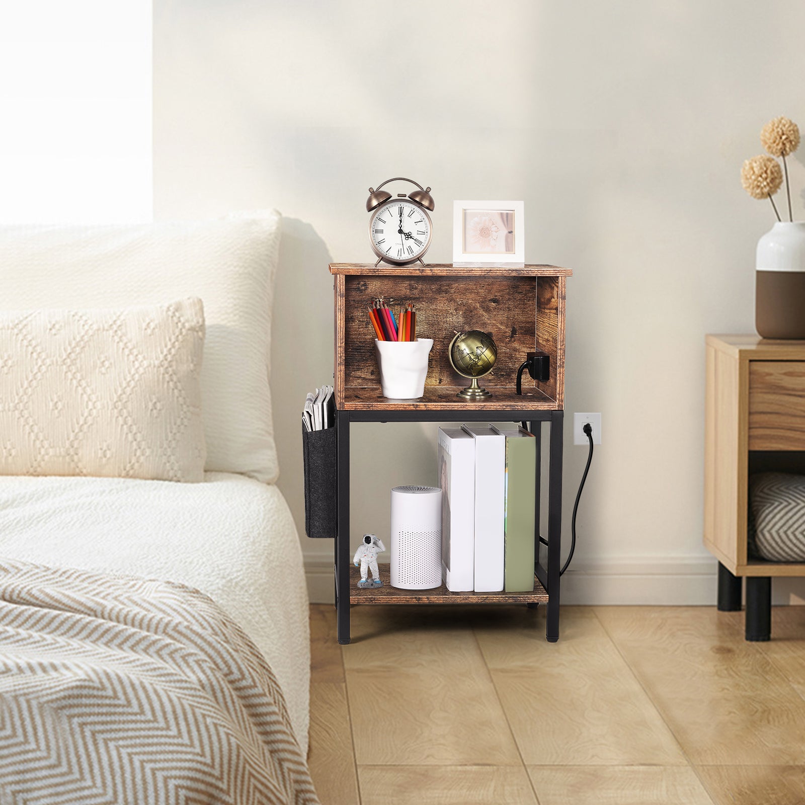 Wide End Table with Charging Station & Storage Pocket - Industrial Sofa Side Table for Living Room