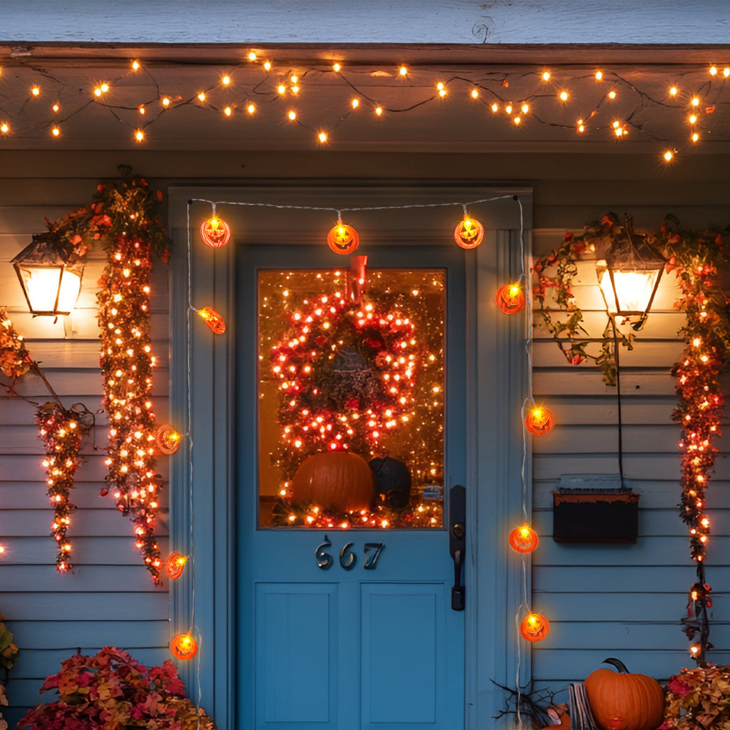 13.1ft 10 LED Pumpkin String Lights - Halloween Jack-O-Lantern Fairy Lights, Battery Operated for Indoor/Outdoor Decor