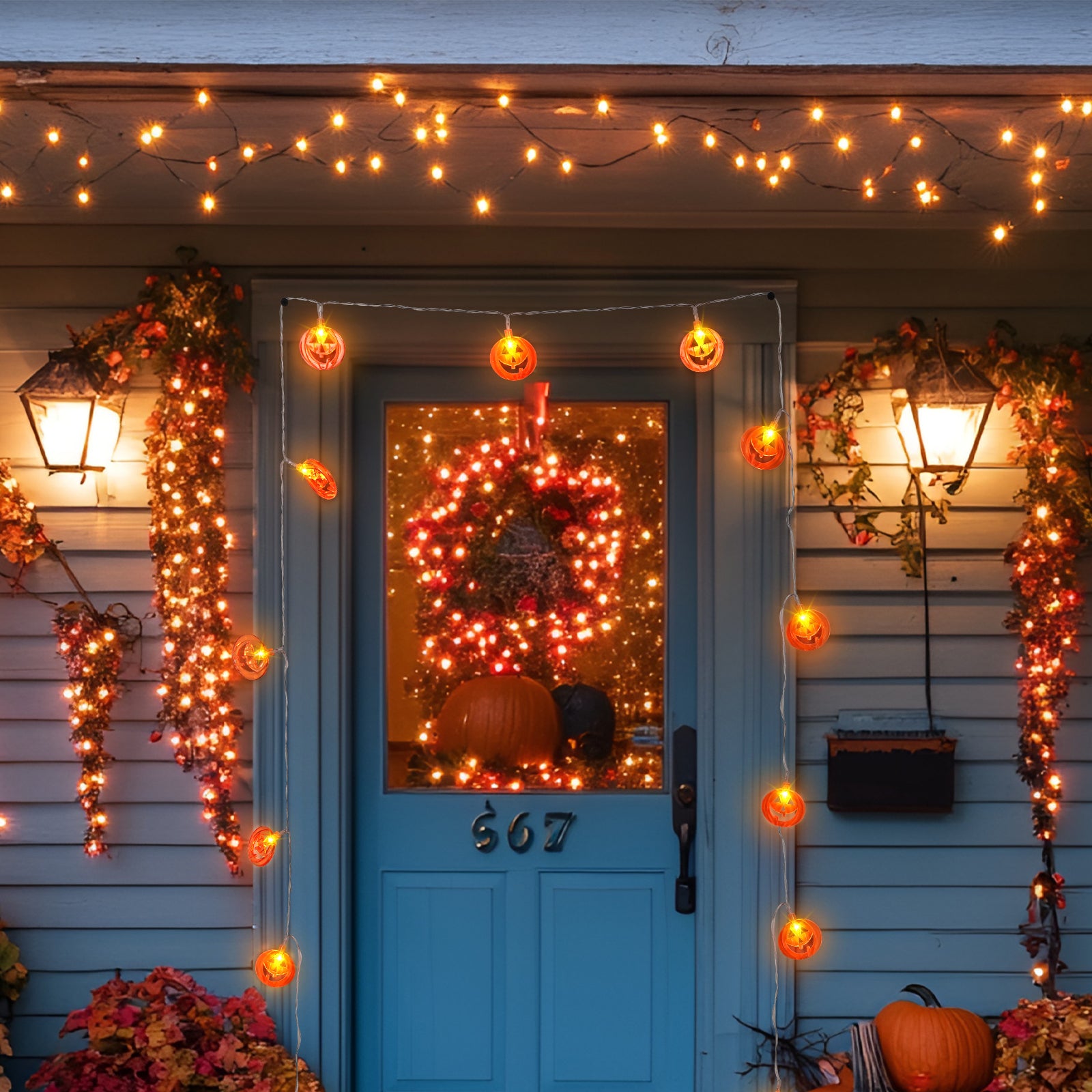 13.1ft 10 LED Pumpkin String Lights - Halloween Jack-O-Lantern Fairy Lights, Battery Operated for Indoor/Outdoor Decor