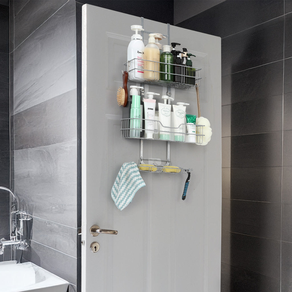 Over the Door Shower Caddy, Hanging Organizer Shelf Rustproof, Shower Basket with Suction Cup, Bathroom Shower Caddy Over The Door with Hook & Soap Box, No Drilling(3 Tier, Silver)