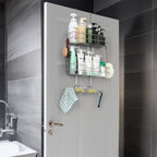 Over the Door Shower Caddy, Hanging Organizer Shelf Rustproof, Shower Basket with Suction Cup, Bathroom Shower Caddy Over The Door with Hook & Soap Box, No Drilling(3 Tier, Silver)