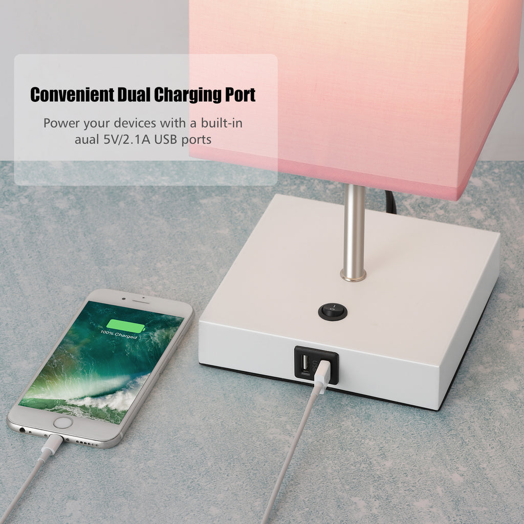 Set of 2 Contemporary Pink Nightstand Lamps with Dual Integrated USB Charging Ports, Ideal for Bedroom or Living Area