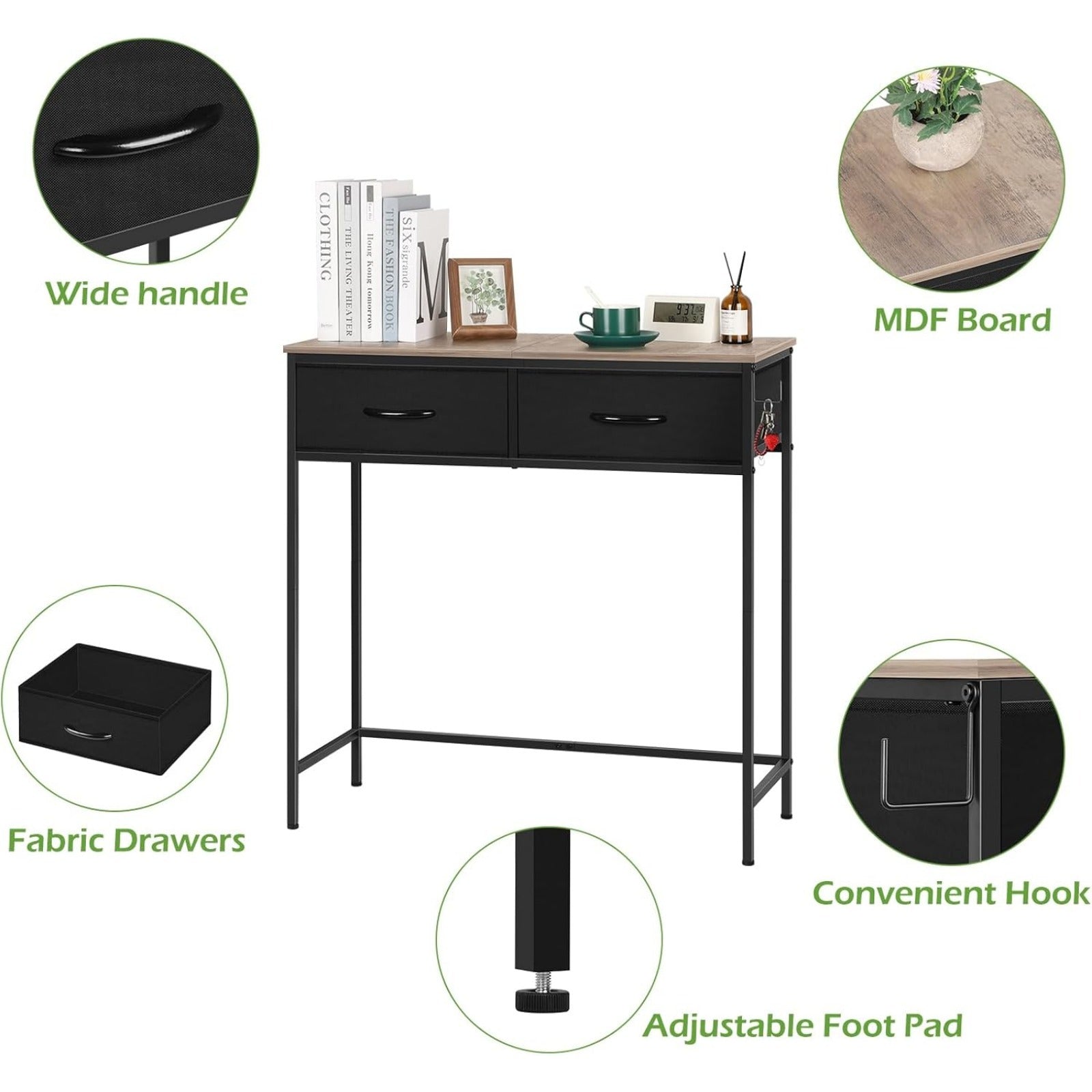 31. 5 inches Entryway Table Console Table with 2 Fabric Drawers Sofa Table Narrow Long with Side Hooks for Living Room, Couch, Hallway, Foyer, Kitchen Counter, Office