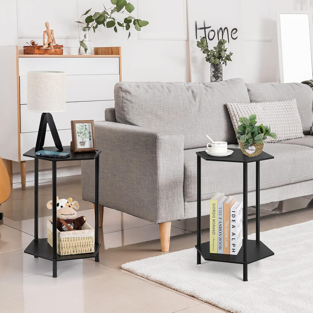Bamboo Hexagonal End Table Set of 2 - 2-Tier Side Table & Nightstand for Small Spaces, Black