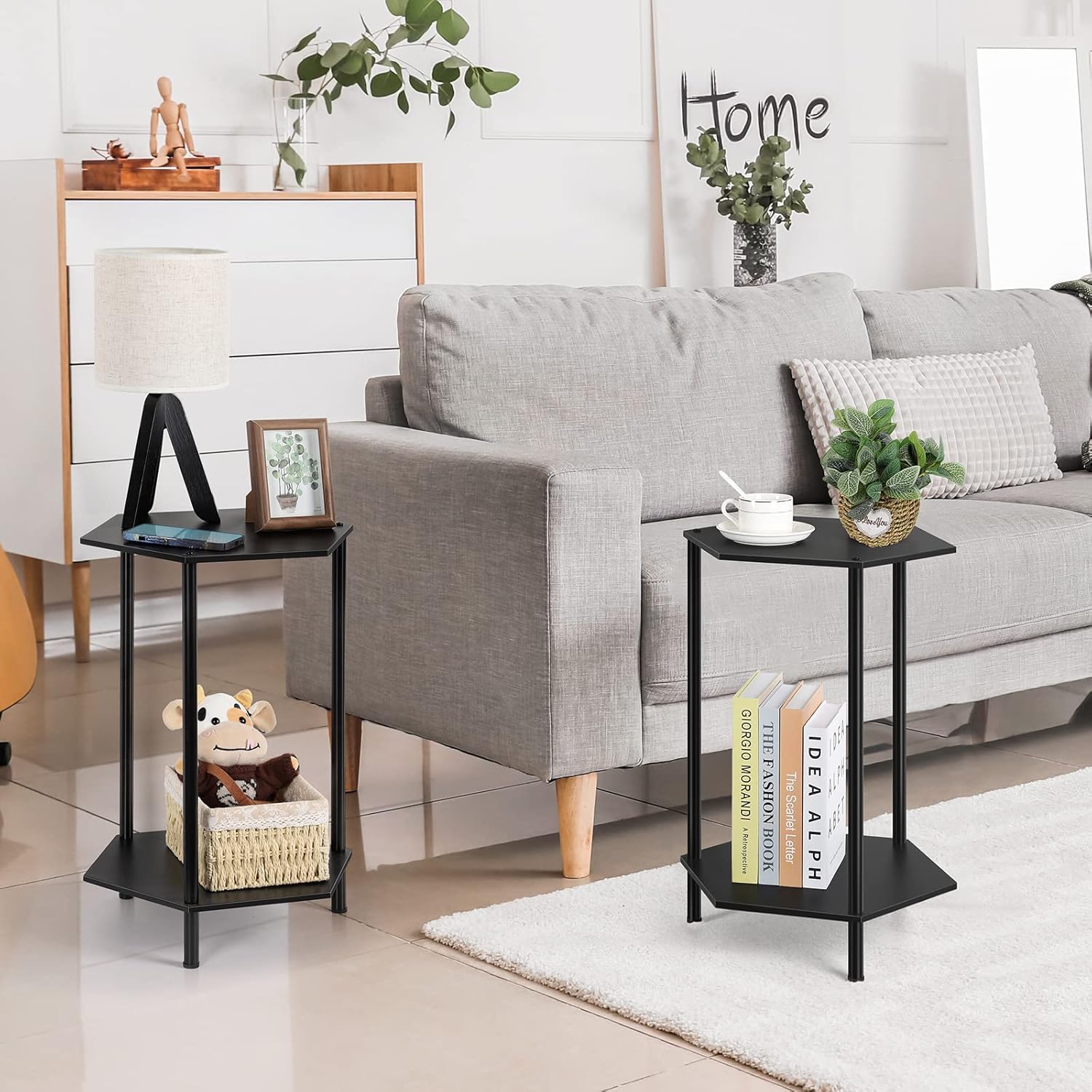 Bamboo Hexagonal End Table Set of 2 - 2-Tier Side Table & Nightstand for Small Spaces, Black