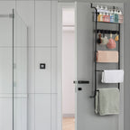 Over The Door Towel Rack with Basket, 5-Tier Hanging Towel Bar with Hooks for Bathroom Organization