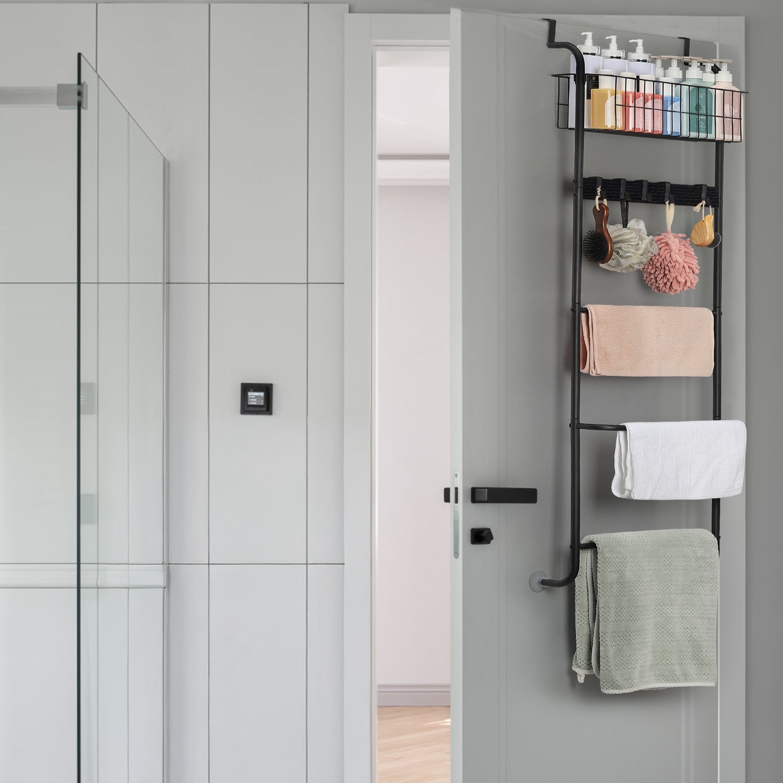 Over The Door Towel Rack with Basket, 5-Tier Hanging Towel Bar with Hooks for Bathroom Organization