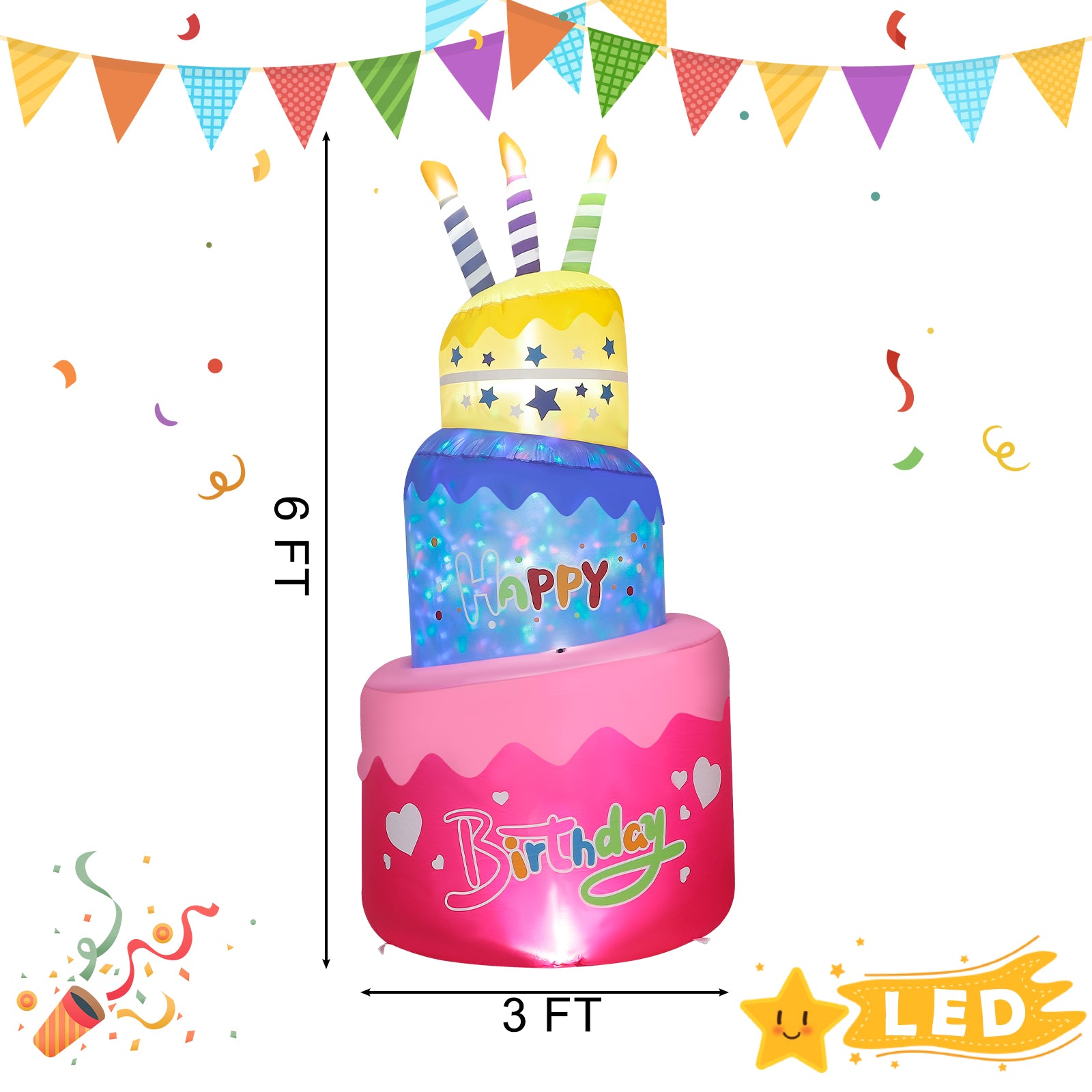 Happy Birthday Inflatable Cake with Candles, Rotating Colorful LED Light-Up Celebration Decor for Yard