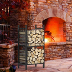 Heavy Duty Fireplace Log Rack (31.5" H) - 2-Tier Wrought Iron Firewood Holder with 4 Tool Hooks, Black