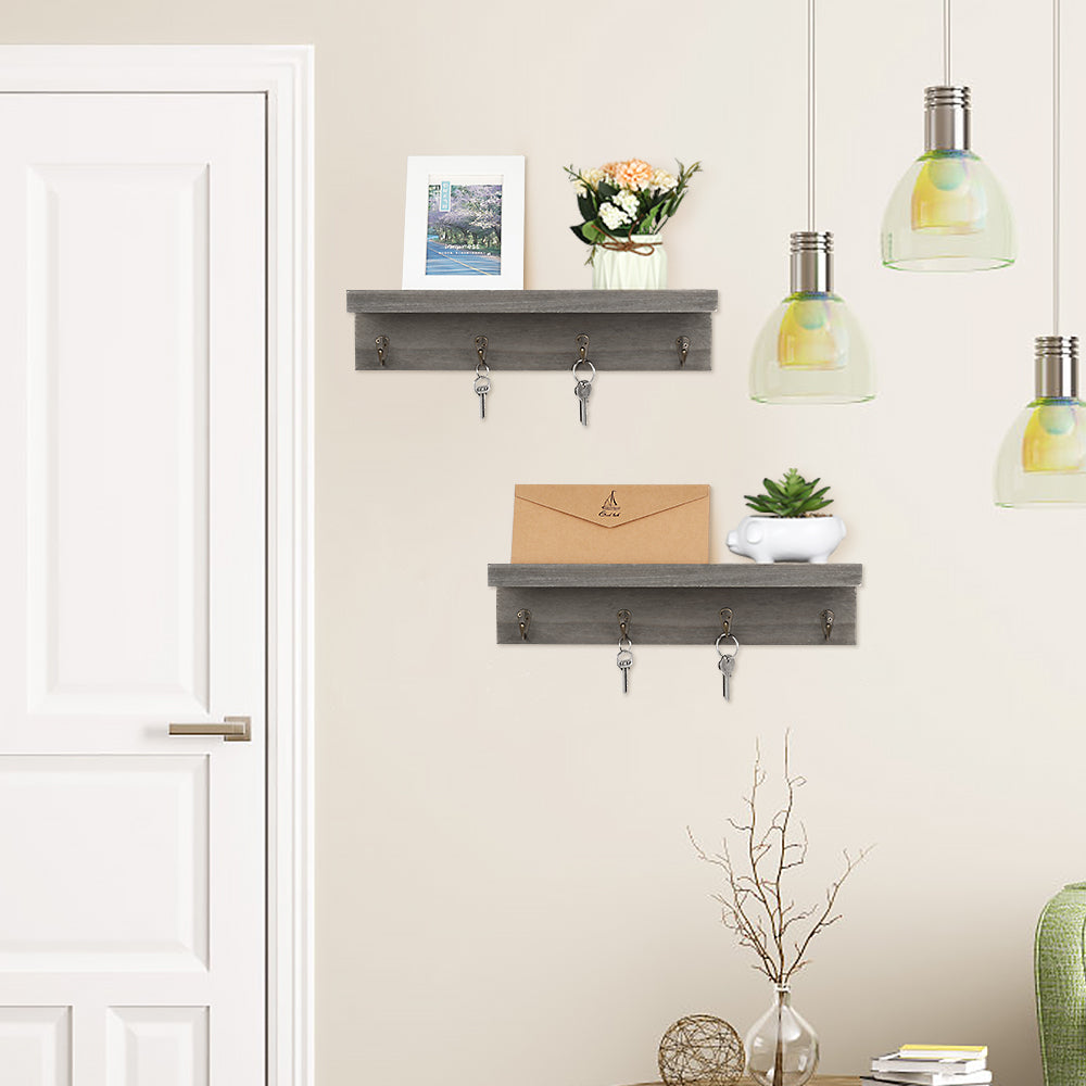 Set of 2 Wall-Mounted Entryway Organizers with 8 Hanging Hooks and Wooden Storage Ledge for Accessories, Dark Gray