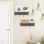 Set of 2 Wall-Mounted Entryway Organizers with 8 Hanging Hooks and Wooden Storage Ledge for Accessories, Dark Gray