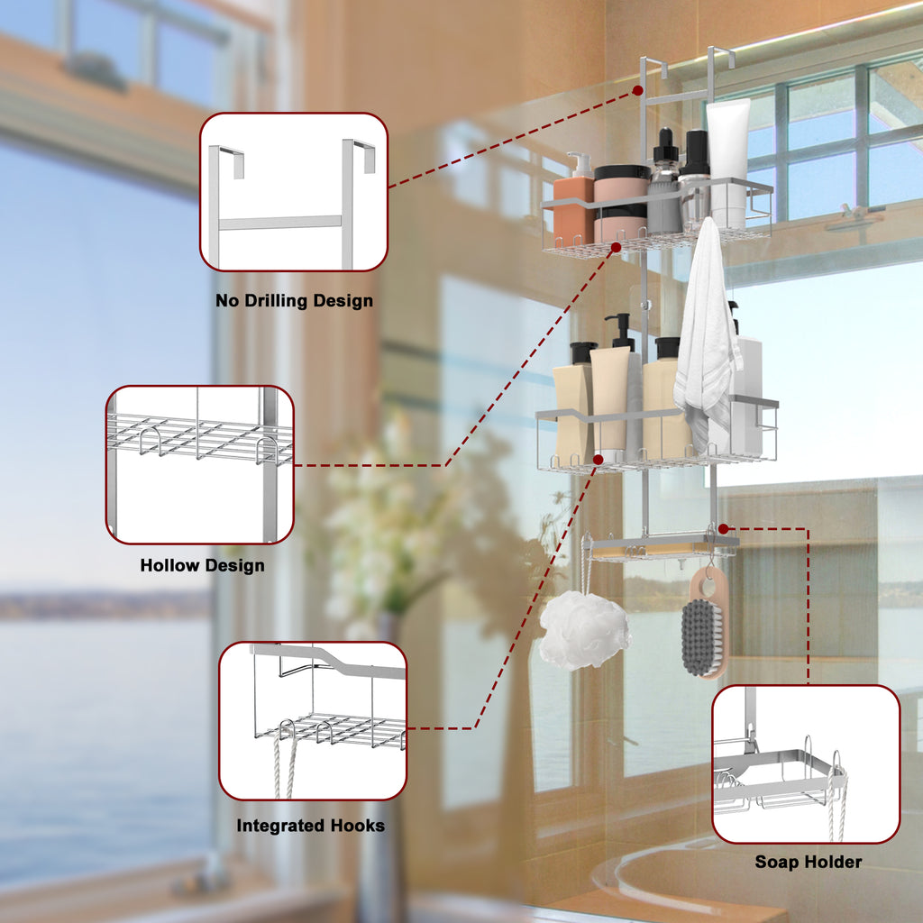 70cm Height Adjustable Over Shower Glass Caddy, 3-Tier Stainless Steel Hanging Bathroom Shelf with Soap Tray & Multi Hooks, Drill-Free Shower Organizer for Bathroom, Shower Stall