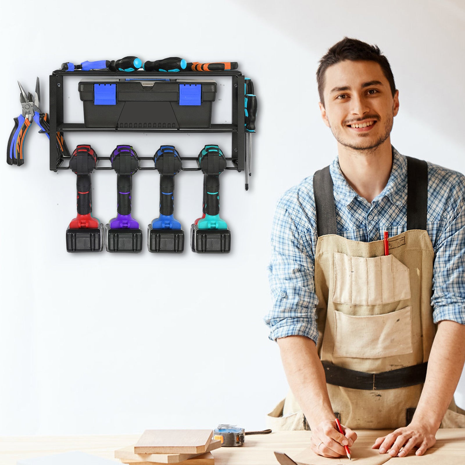Garage Workshop Wall Tool Organizer, Rustproof Metal Drill Storage Rack, Multi-Purpose Hand & Power Tool Hanging Shelf