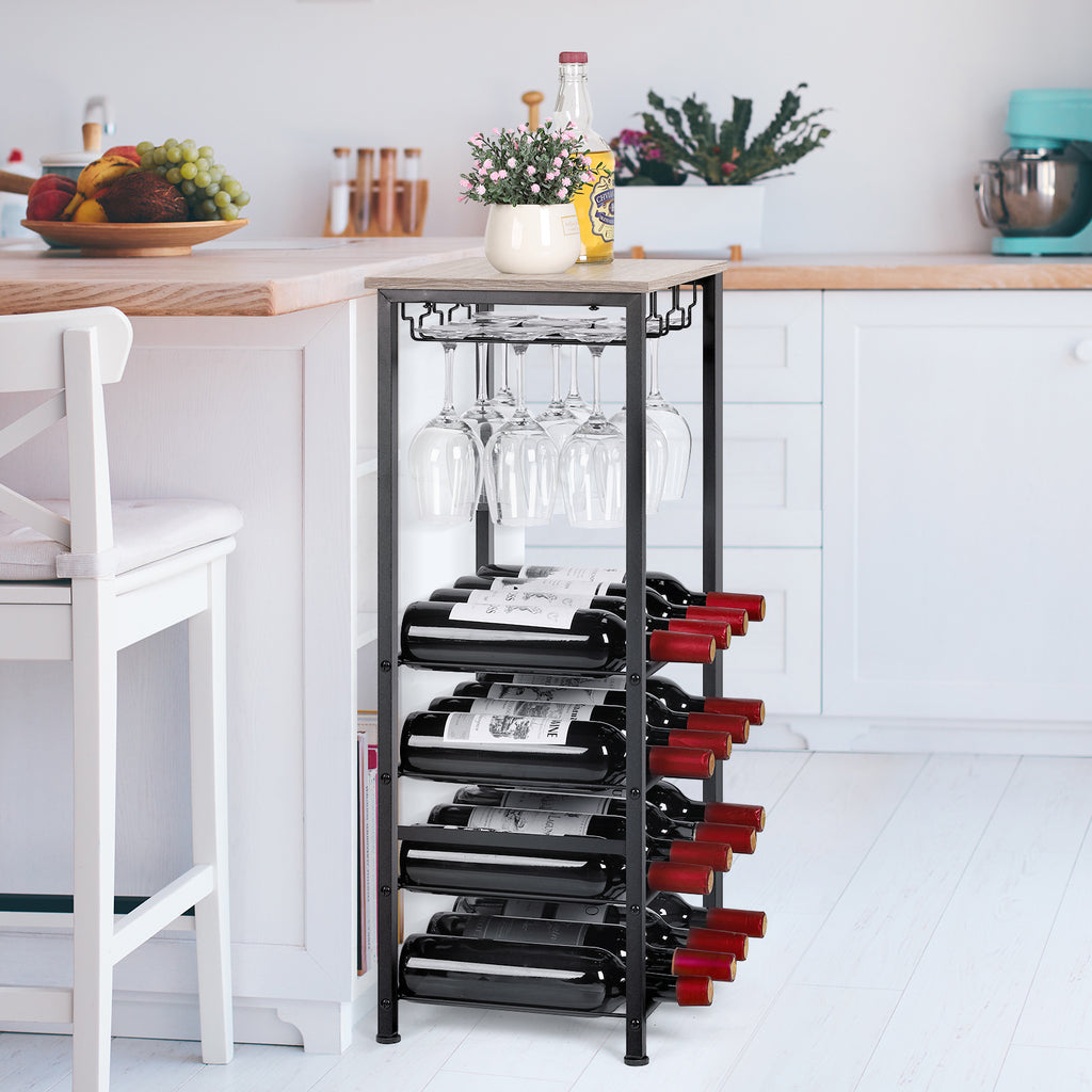 Freestanding Wine Rack Floor Stand with Glass Hanging Holder, Gray Oak Wood Top Metal Wine Storage Organizer, Holds 16 Wine Bottles & 9 Stem Glasses, Bar Cabinet Rack for Kitchen Dining Living Room