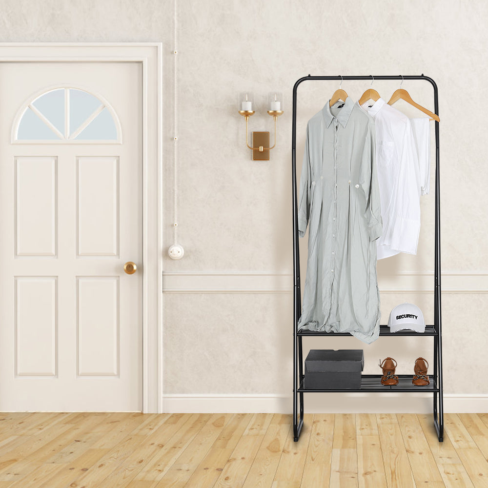 Minimalist A-Frame Garment Rack - Black Metal Clothes Hanging Stand with 2 Lower Storage Shelves