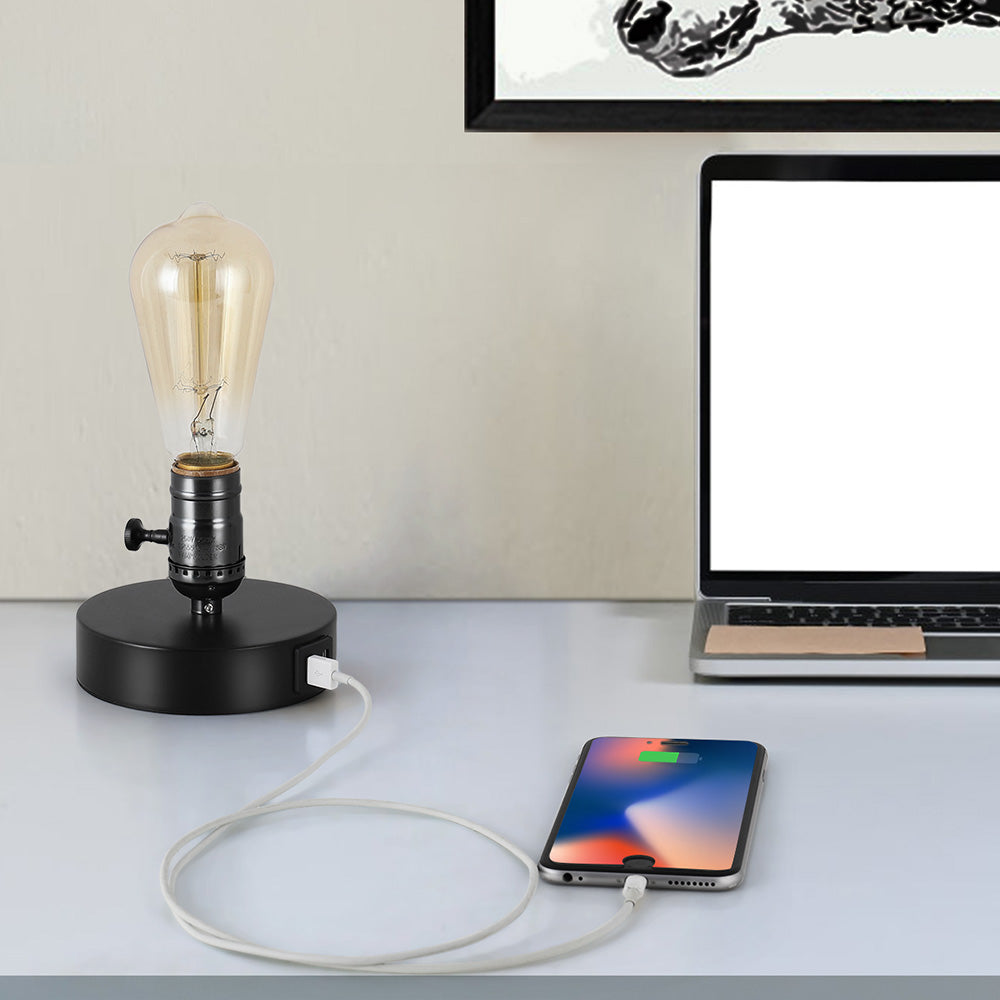 Retro Industrial Nightstand Lamp with Dual 2.1A USB Charging Ports, Small E26 Edison Desk Light for Minimalist Home and Bedroom Decor, Black Finish