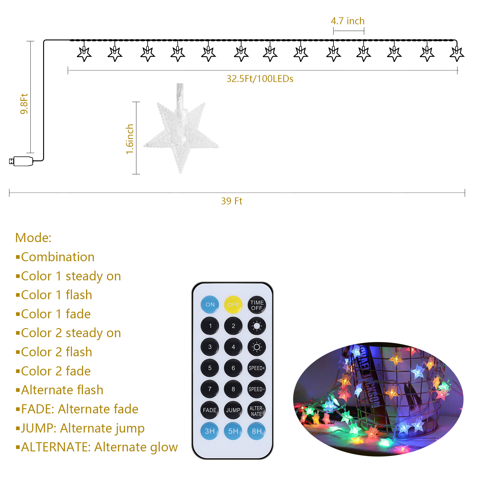 100 LED Star String Lights with Remote,39FT Fairy Star Lights Christmas Lights for Valentine, Christmas Twinkle Lights USB Powered for Indoor Bedroom Party Wedding Decor, Warm White & Multicolor
