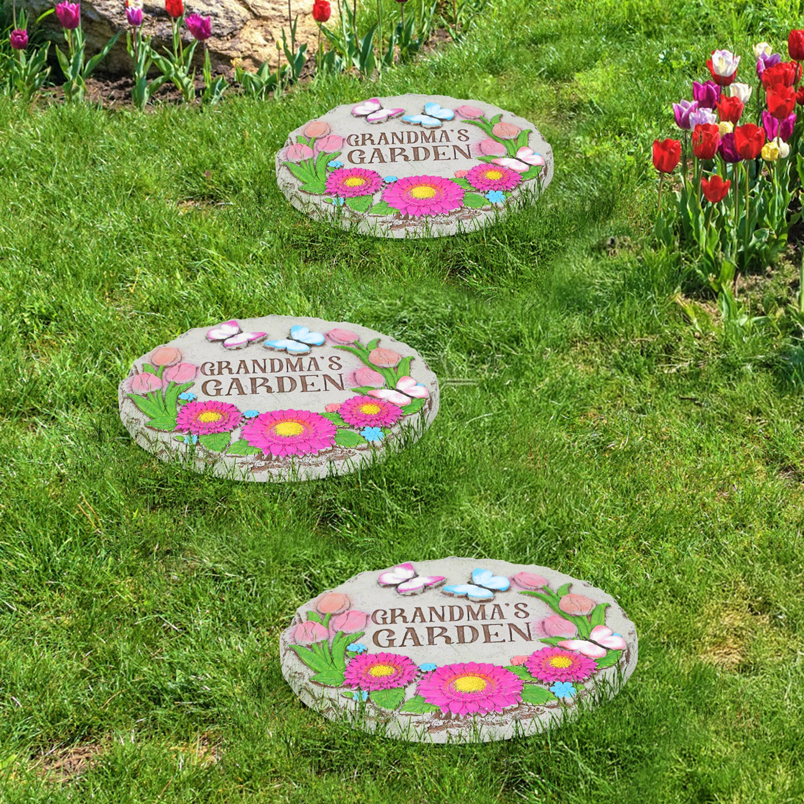 2-Pack Grandma's Garden Stepping Stones - 10inch Decorative Outdoor Pavers - Floral Design Walkway Stones, Heartfelt Gift for Nana