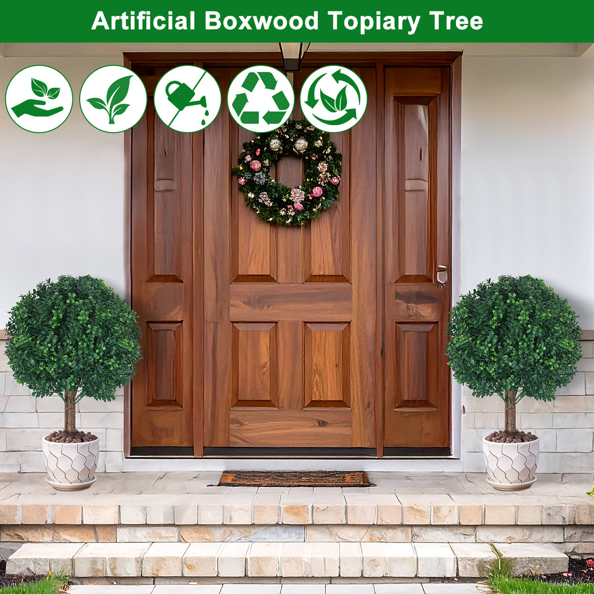 2-Pack Artificial Cypress Topiary with Ground Stakes, Faux Boxwood Bush for Outdoor Porch, Garden, and Balcony, UV Resistant,