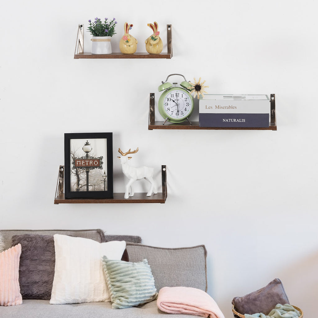 Rustic Brown Floating Wall Shelves with Metal Frame - 3-Piece Set for Bathroom, Kitchen, and Living Room