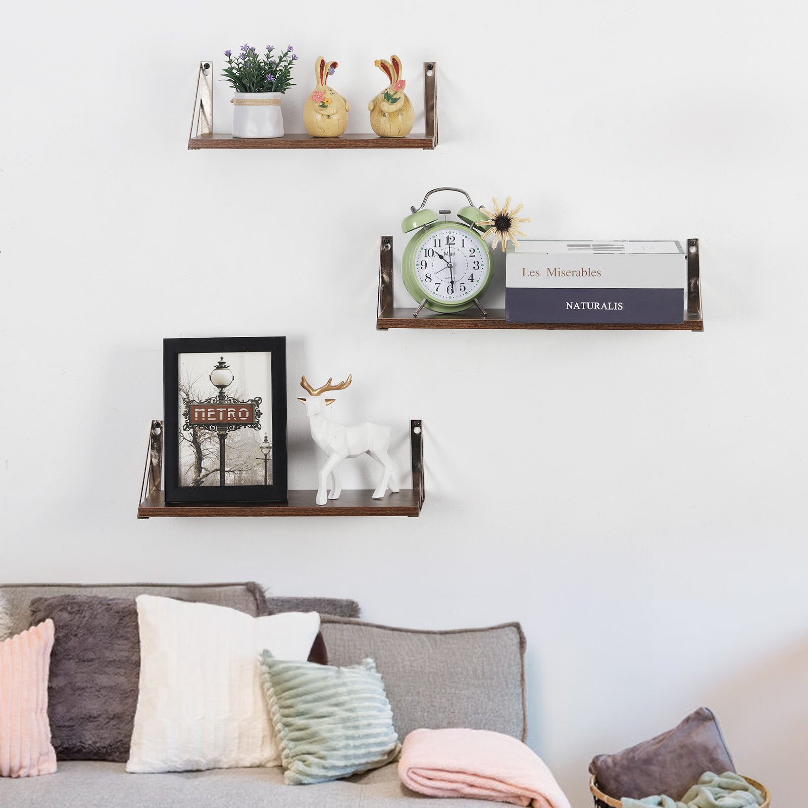 Rustic Brown Floating Wall Shelves with Metal Frame - 3-Piece Set for Bathroom, Kitchen, and Living Room
