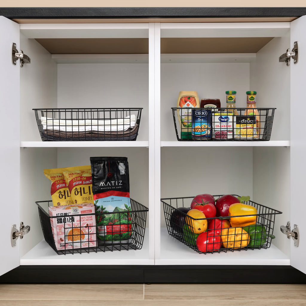 4-Pack Large Metal Wire Storage Baskets, Stackable Pantry Bins & Freezer Organizer for Kitchen Cabinets, Office, Bathroom & Countertop,