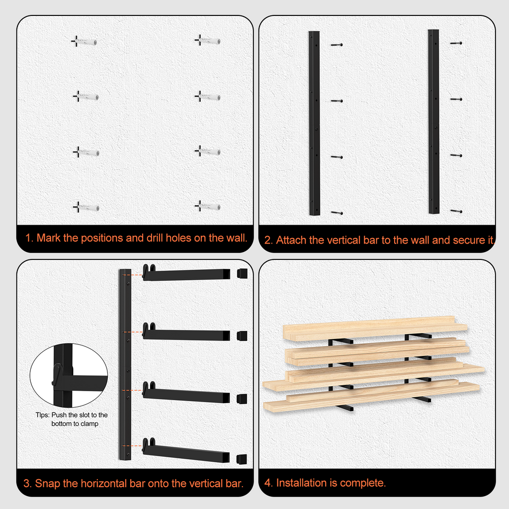 4-Pack Heavy-Duty Wall Mount Lumber Storage Rack - 4-Level Adjustable Steel Wood Organizer for Garage & Workshop