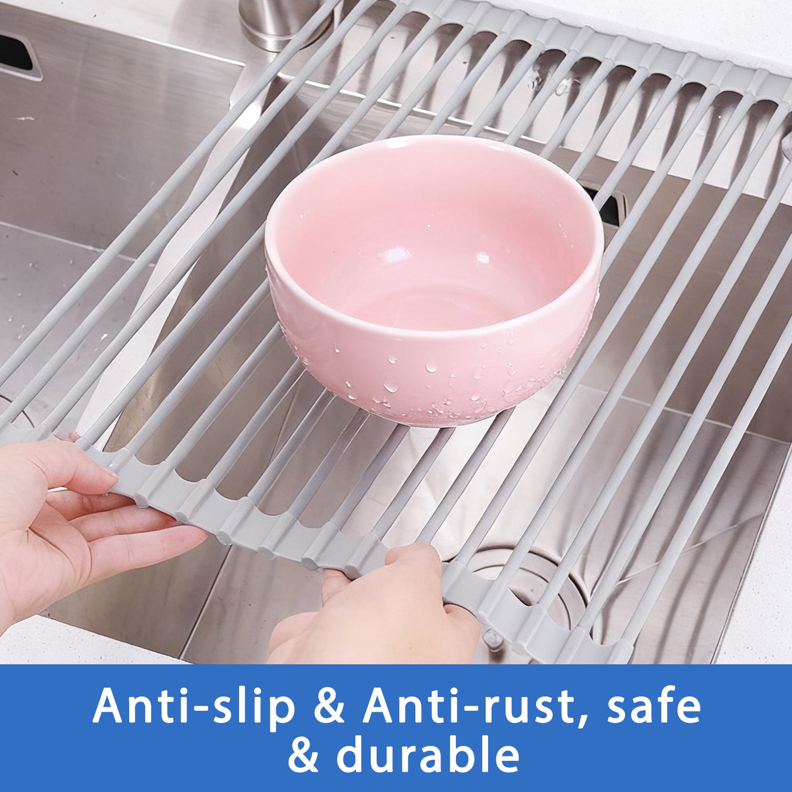 Roll Up Over Sink Dish Drying Rack (17.5''x13'') - Foldable Silicone Wrapped Stainless Steel Drainer, Grey