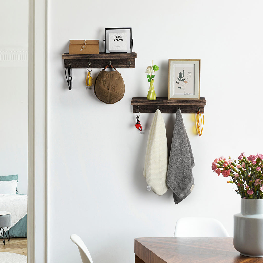 Set of 2 Wall-Mounted Entryway Organizers with 8 Hanging Hooks and Wooden Storage Ledge for Accessories, Dark Gray
