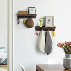 Set of 2 Wall-Mounted Entryway Organizers with 8 Hanging Hooks and Wooden Storage Ledge for Accessories, Dark Gray