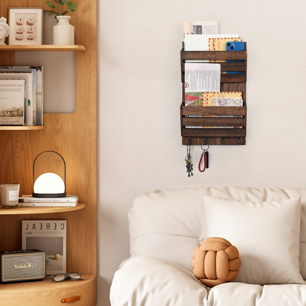Rustic Farmhouse Wall-Mounted Mail & Key Station â€“ Dual-Tier Solid Wood Entryway Organizer