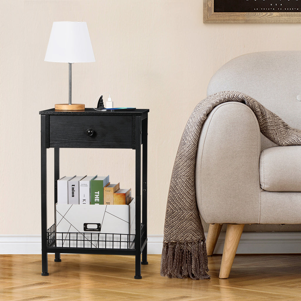 Tall Nightstand with Charging Station, 3-Tier Bedside Table with Storage Drawer & Mesh Basket, Slim End Table for Living Room & Small Spaces,