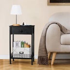 Tall Nightstand with Charging Station, 3-Tier Bedside Table with Storage Drawer & Mesh Basket, Slim End Table for Living Room & Small Spaces,