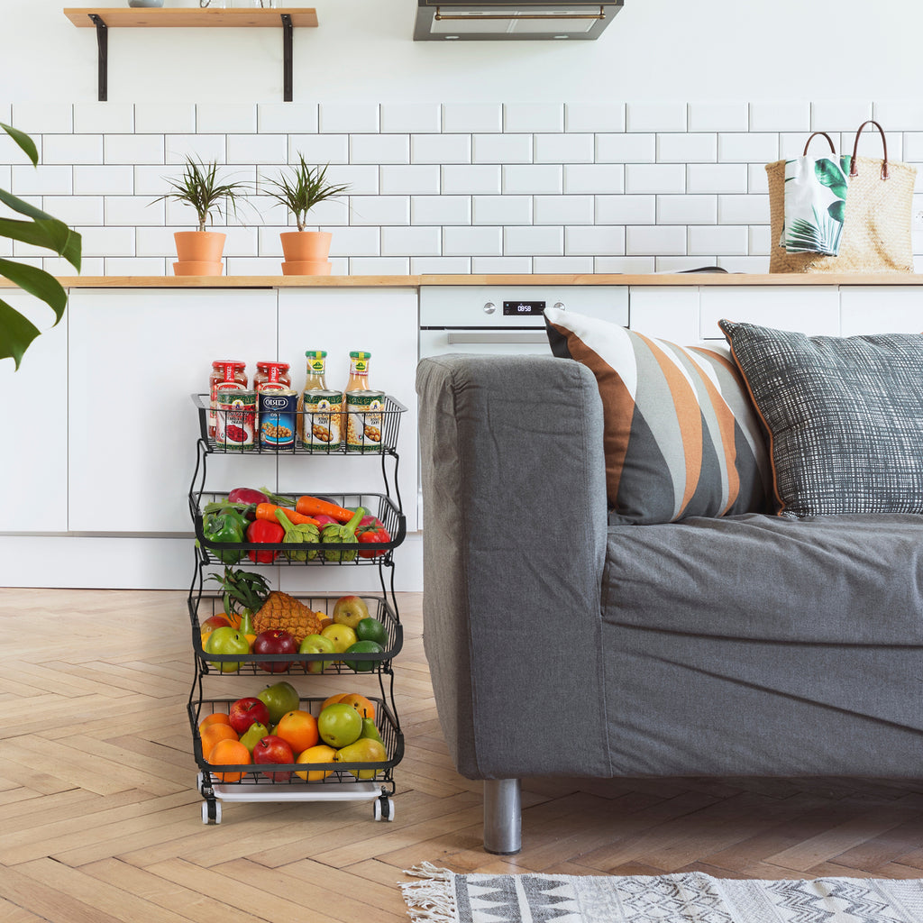 4-Tier Wire Rolling Fruit, Veggie Storage Cart: Space-Saving Sleek Organizer for Kitchen Counter, Pantry (with Wheels for Easy Mobility£©