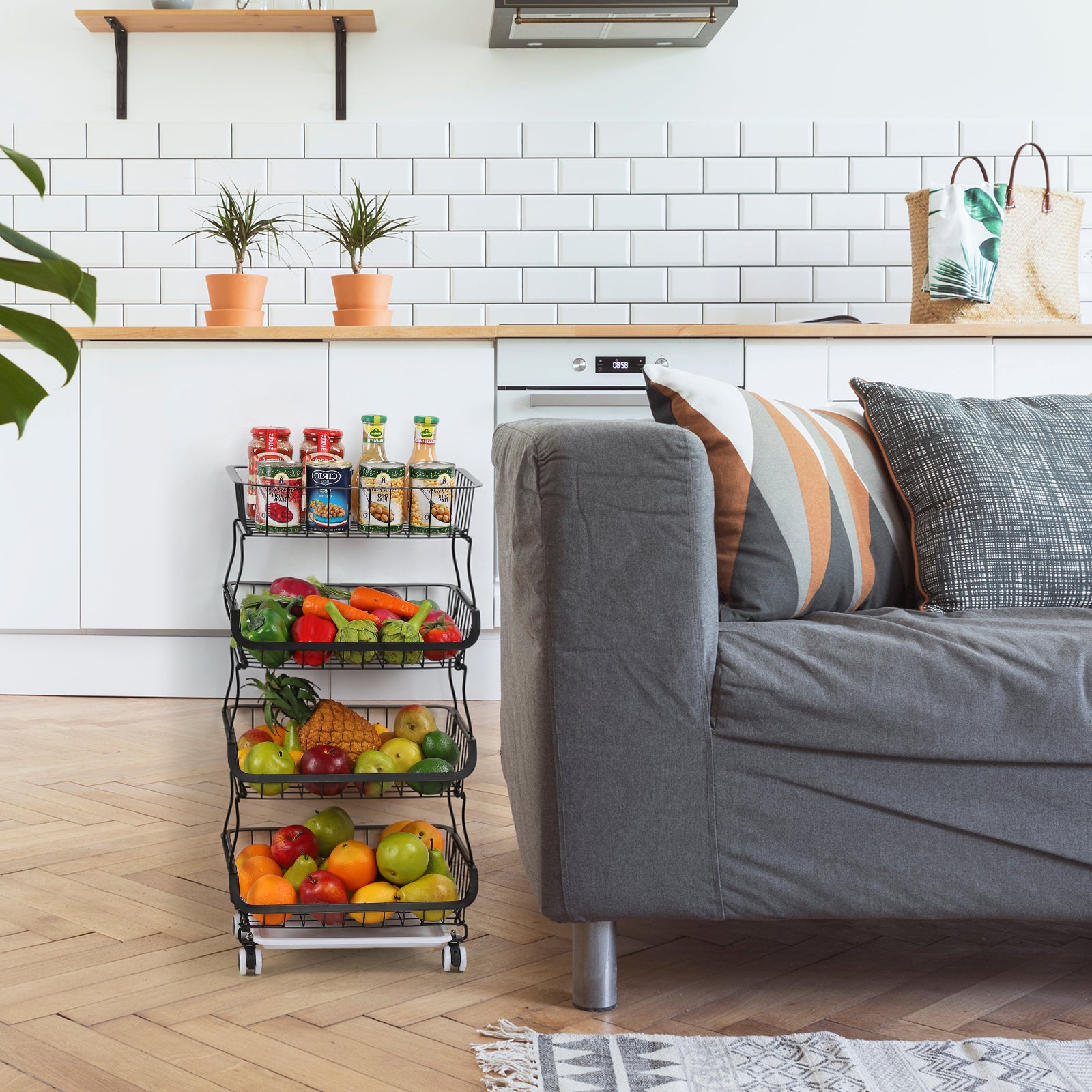 4-Tier Wire Rolling Fruit, Veggie Storage Cart: Space-Saving Sleek Organizer for Kitchen Counter, Pantry (with Wheels for Easy Mobility£©