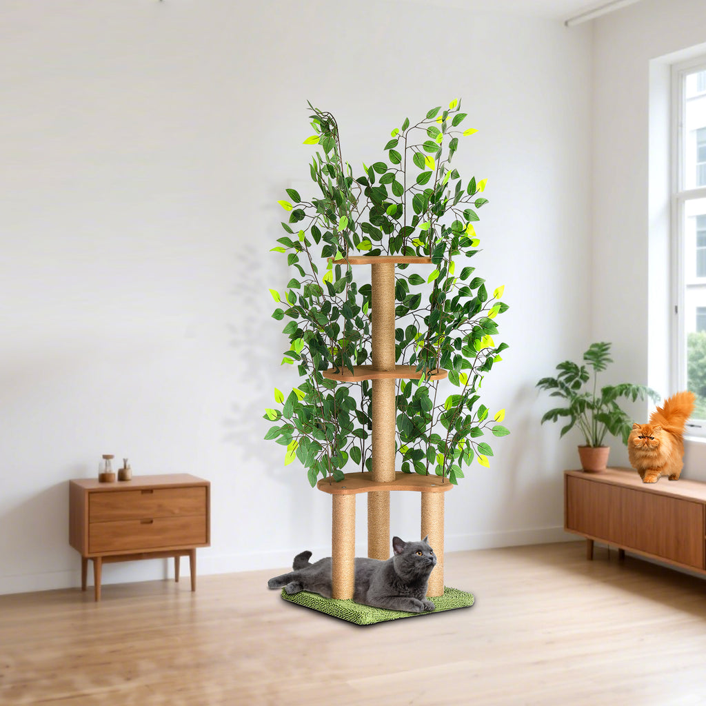 Modern Cat Tree with Artificial Leaves - Multi-Level Cat Tower with Scratching Posts & Hiding Spots