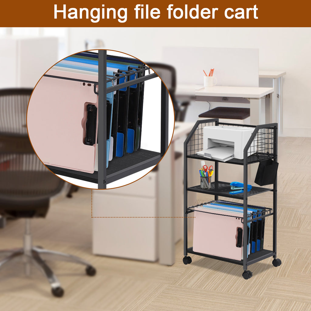 3 Tier Rolling File Cart with Hanging File Folders, Desk Organizer, File Organizer for Desk, Mobile File Cabinet on Lockable Wheels, Under Desk Storage for Home Office School