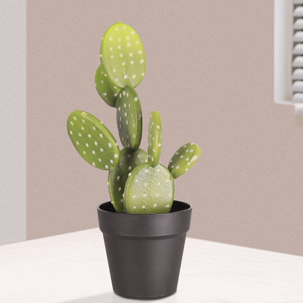 15.7" Artificial Cactus Potted Plant, Faux Desert Prickly Pear Cactus in Black Planter for Modern Home Office Decor