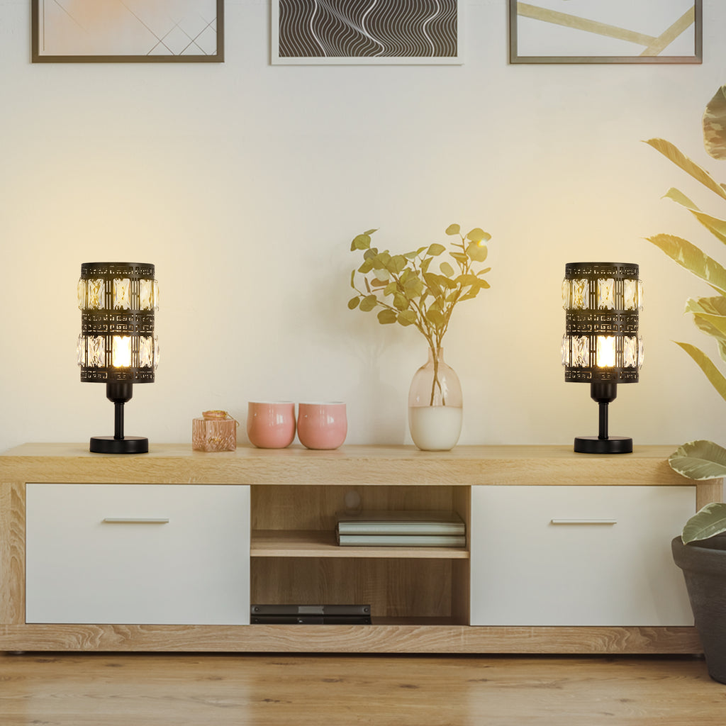 Noir Glamour Crystal Table Lamps | Set of 2 Retro Nightstand Lamps with Precision-Cut Facets