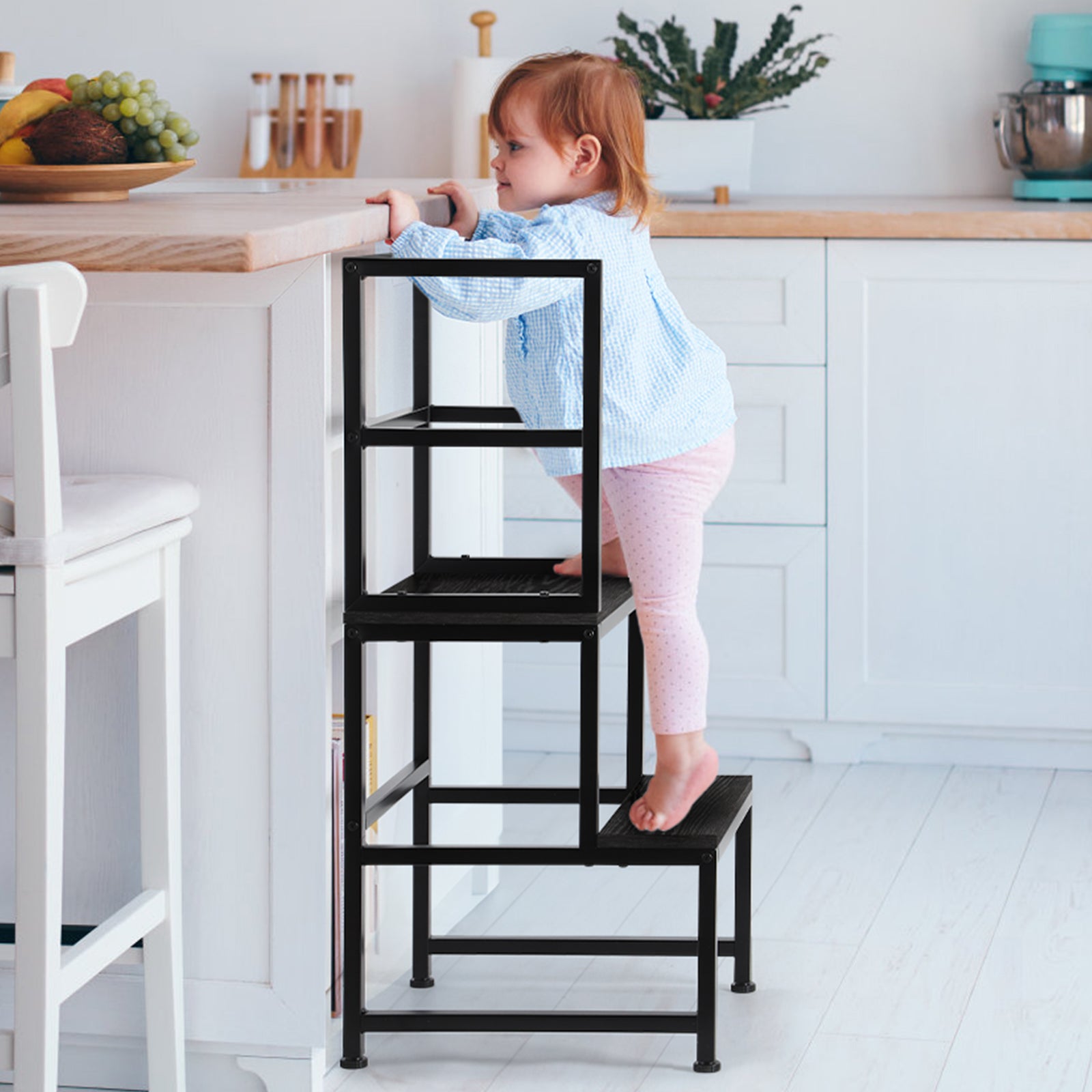 Kids' Kitchen Step Stool Helper - Adjustable Standing Tower with Safety Rail for Toddlers, Black,