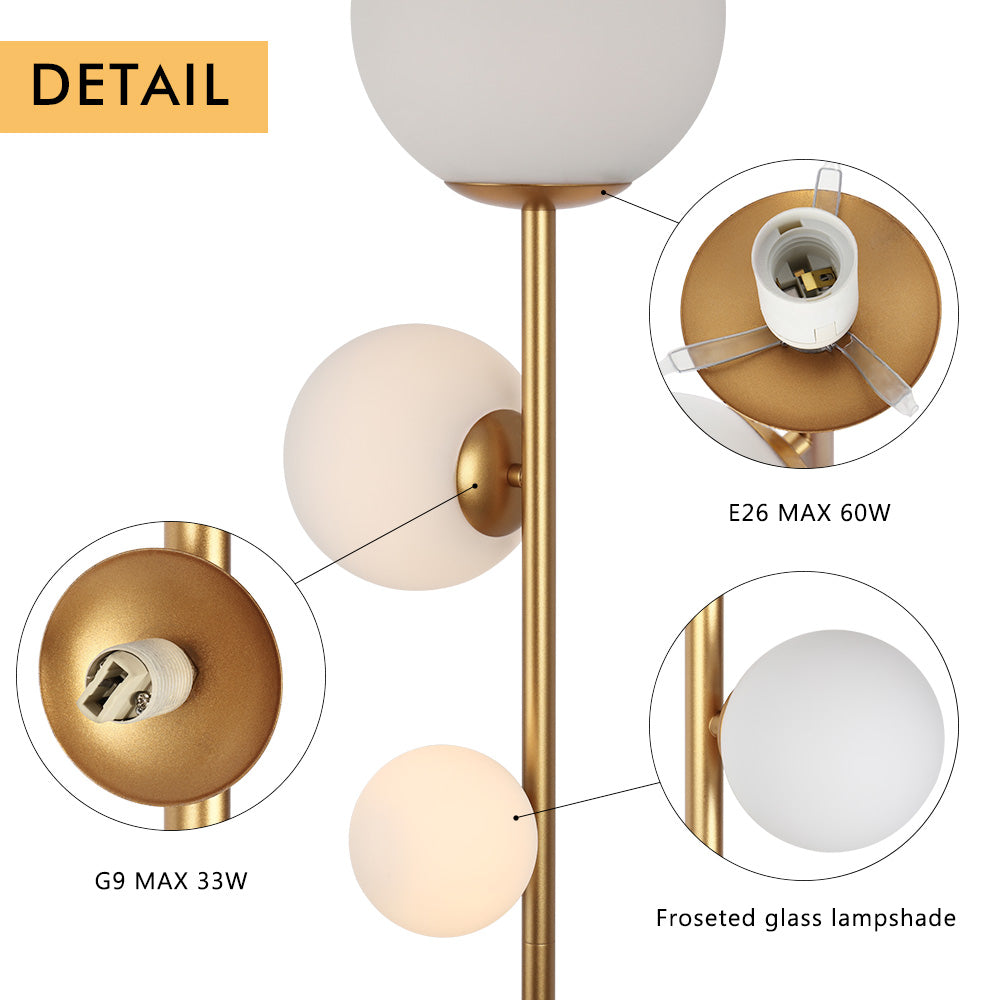 Modern 3-Globe Floor Lamp - Minimalist Gold Metal Industrial Standing Lamp - Elegant Tall Pole Light with Weighted Base for Living Room