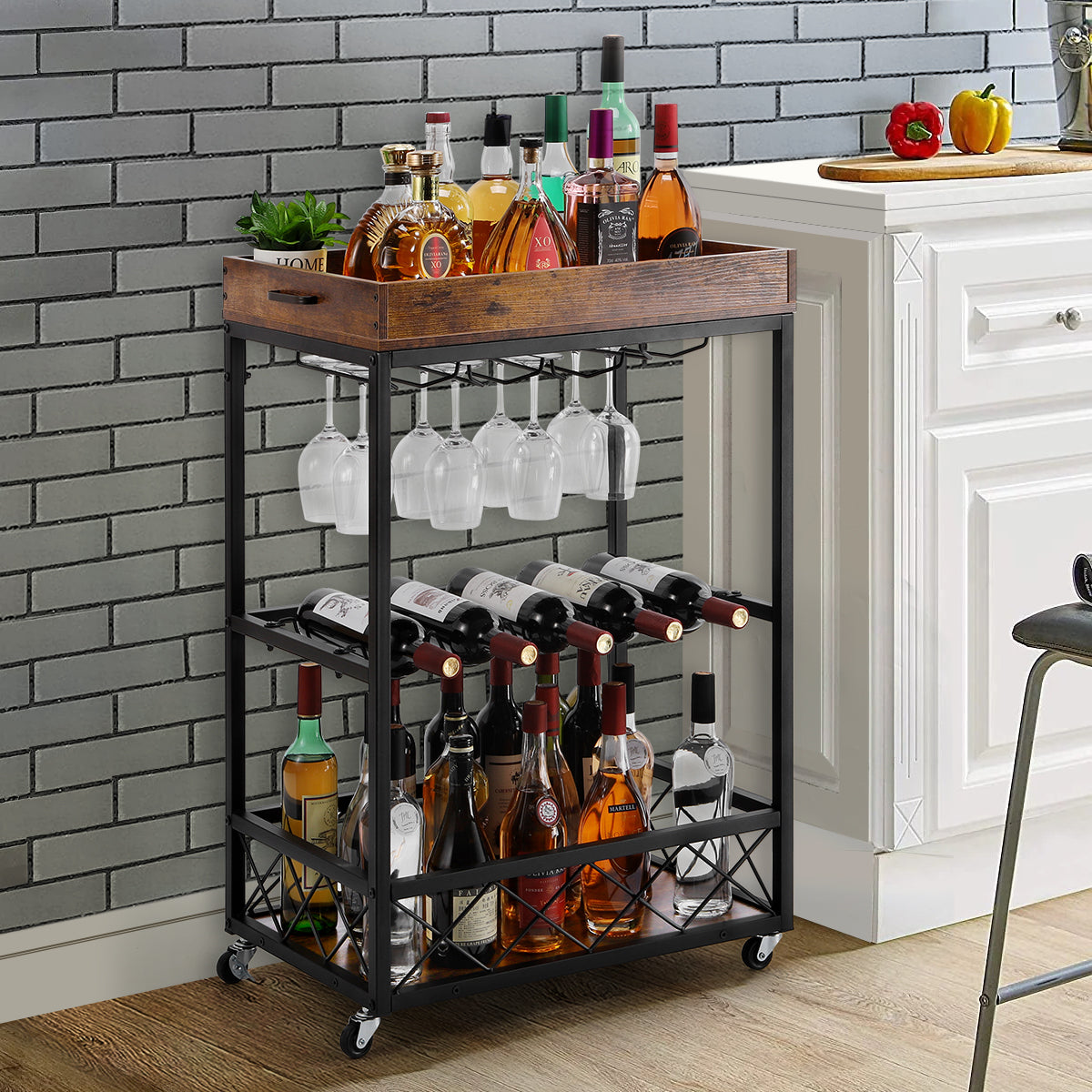 Beverage trolleys and beverage bottle racks, mobile kitchen service trolleys with storage and glass brackets, movable beverage trays, wheels and handles on trolleys, plain brown