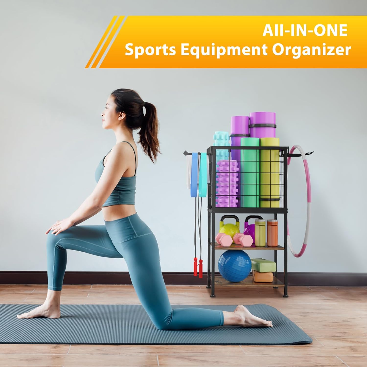 Home Gym Storage Rack - 3-Tier Wooden Dumbbell Rack, Yoga Mat Holder w/ Wheels & Hooks, Black