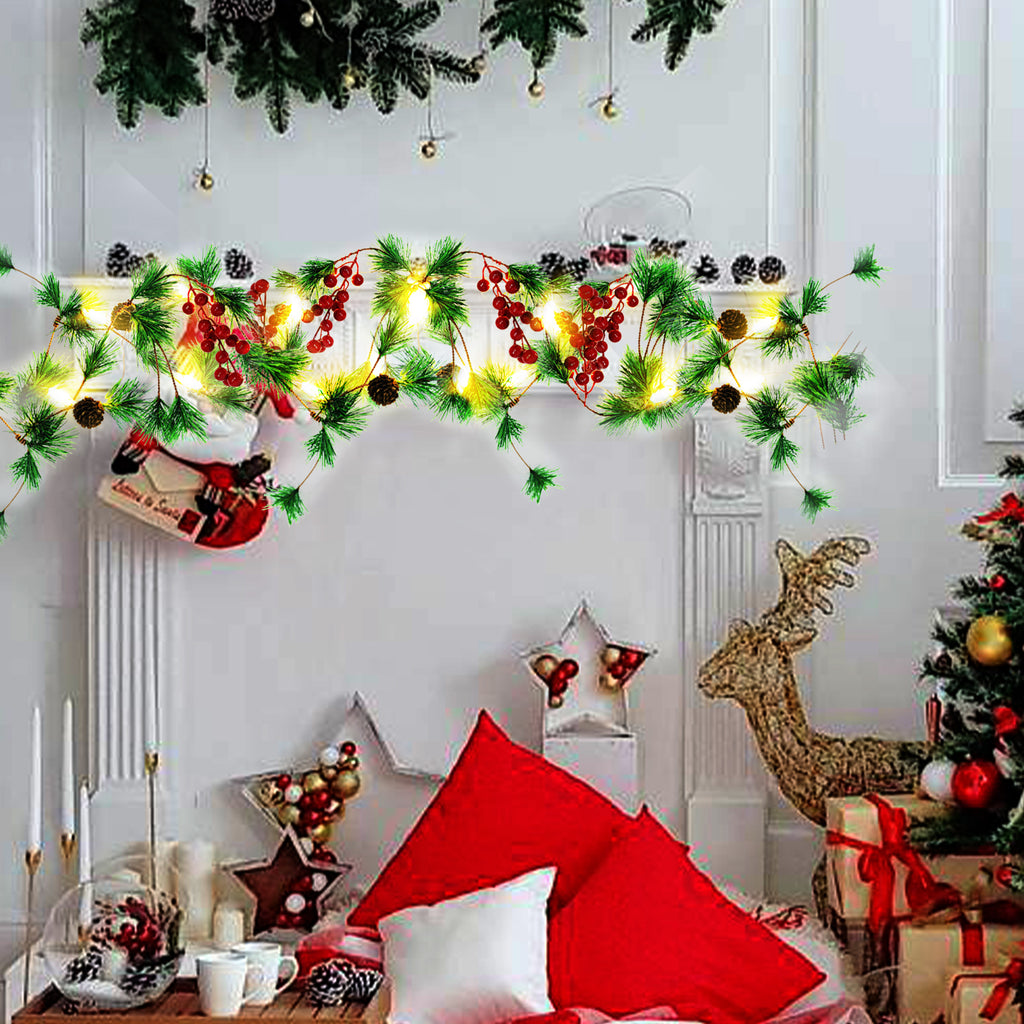 Battery Operated Pine Cone Christmas Lights - LED Garland w/ Red Berries & Pine Branches