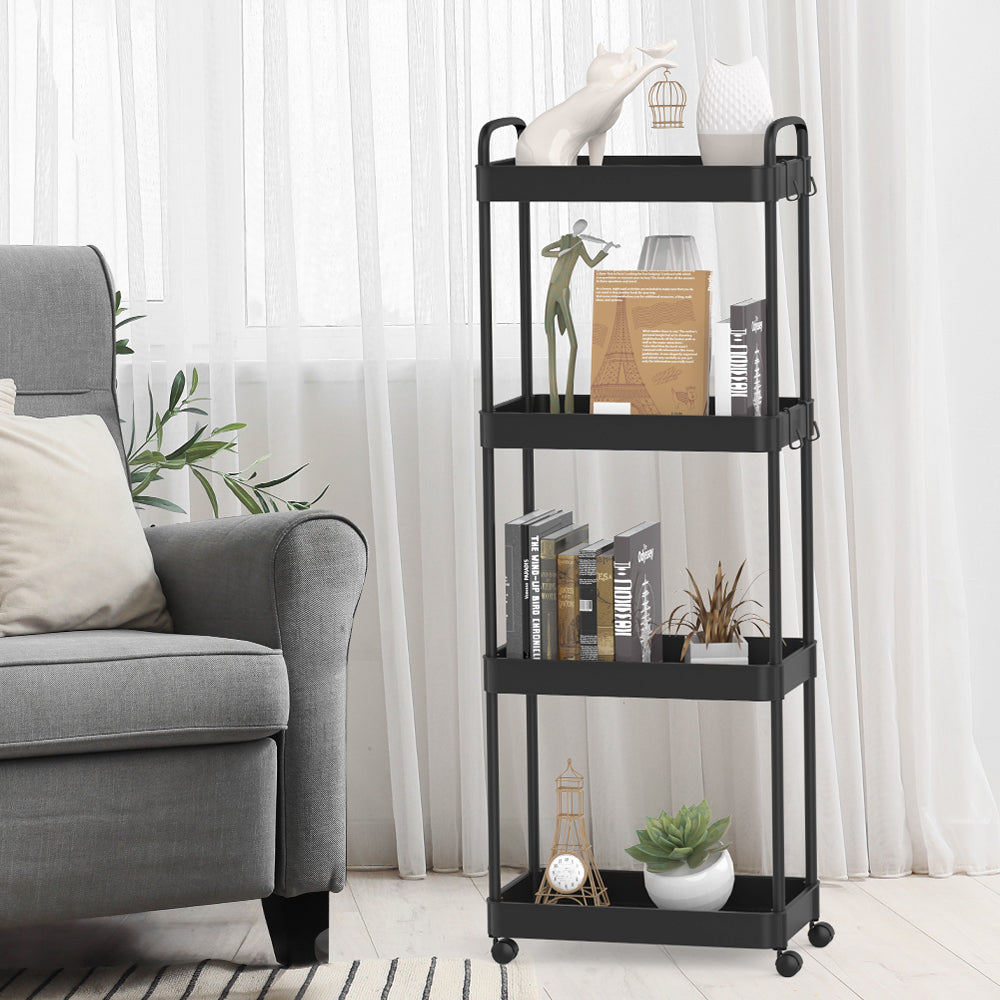 4-Tier Plastic Rolling Utility Cart with Handle, Hooks, Multi-Functional Storage Trolley for Office, Living Room, Kitchen, Movable Storage Organizer with Wheels
