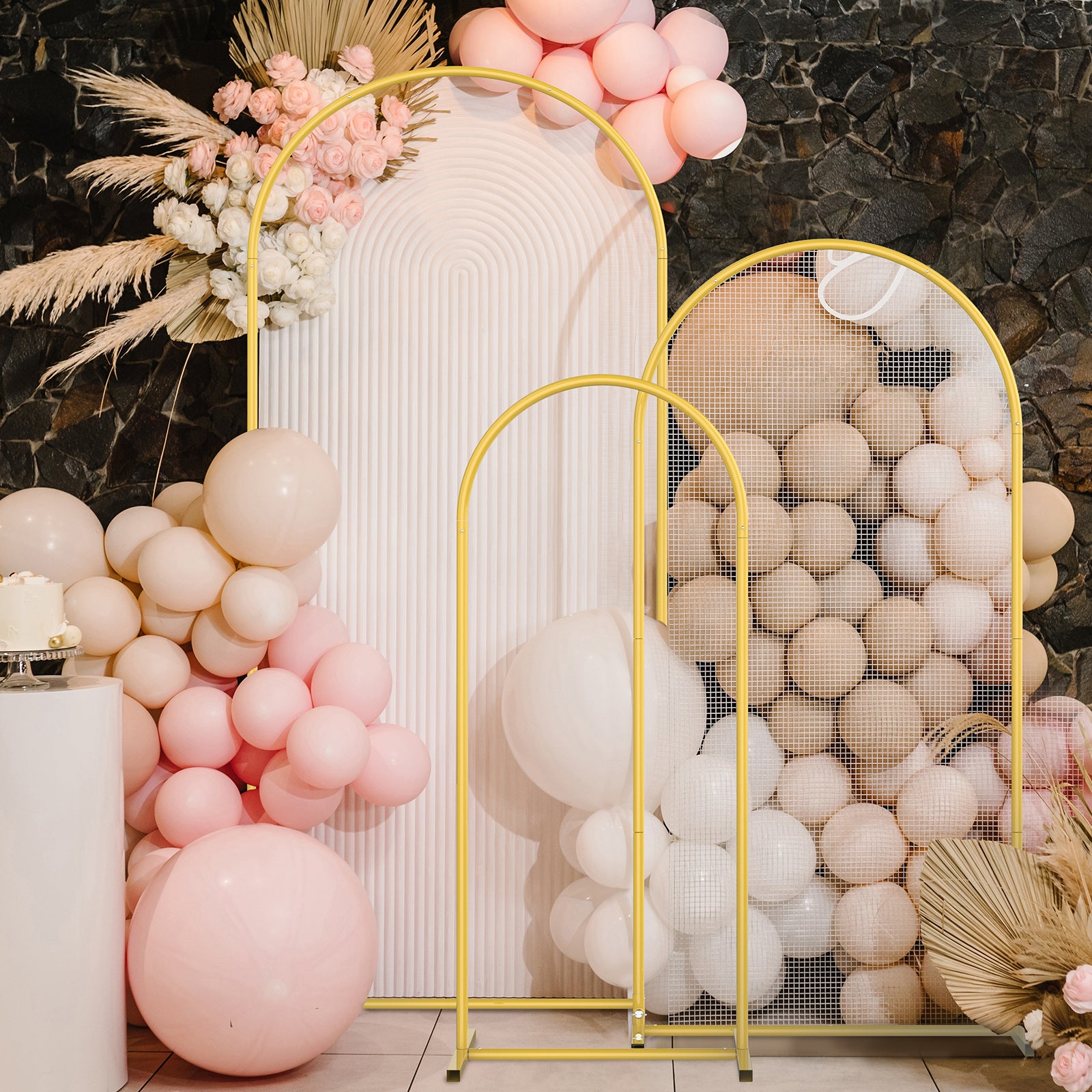 Gold Metal Arched Backdrop Frame Set of 3, Heights 4ft, 5ft, and 6ft, Triple Piece Floral and Balloon Display Stand for Wedding Ceremony, Anniversary Party, and Photography Backgrounds