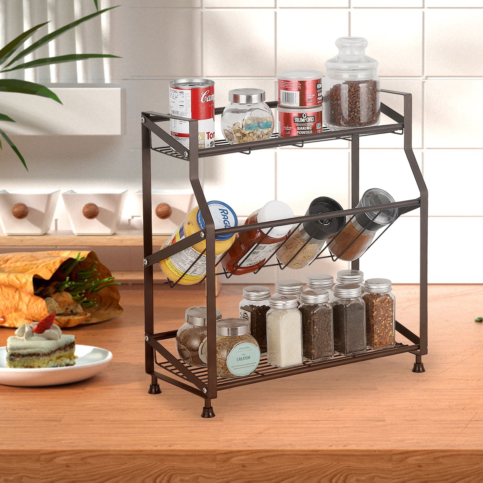 3-Tier Black Metal Spice Rack - Countertop Kitchen Organizer, Standing Jars & Bottle Storage Holder