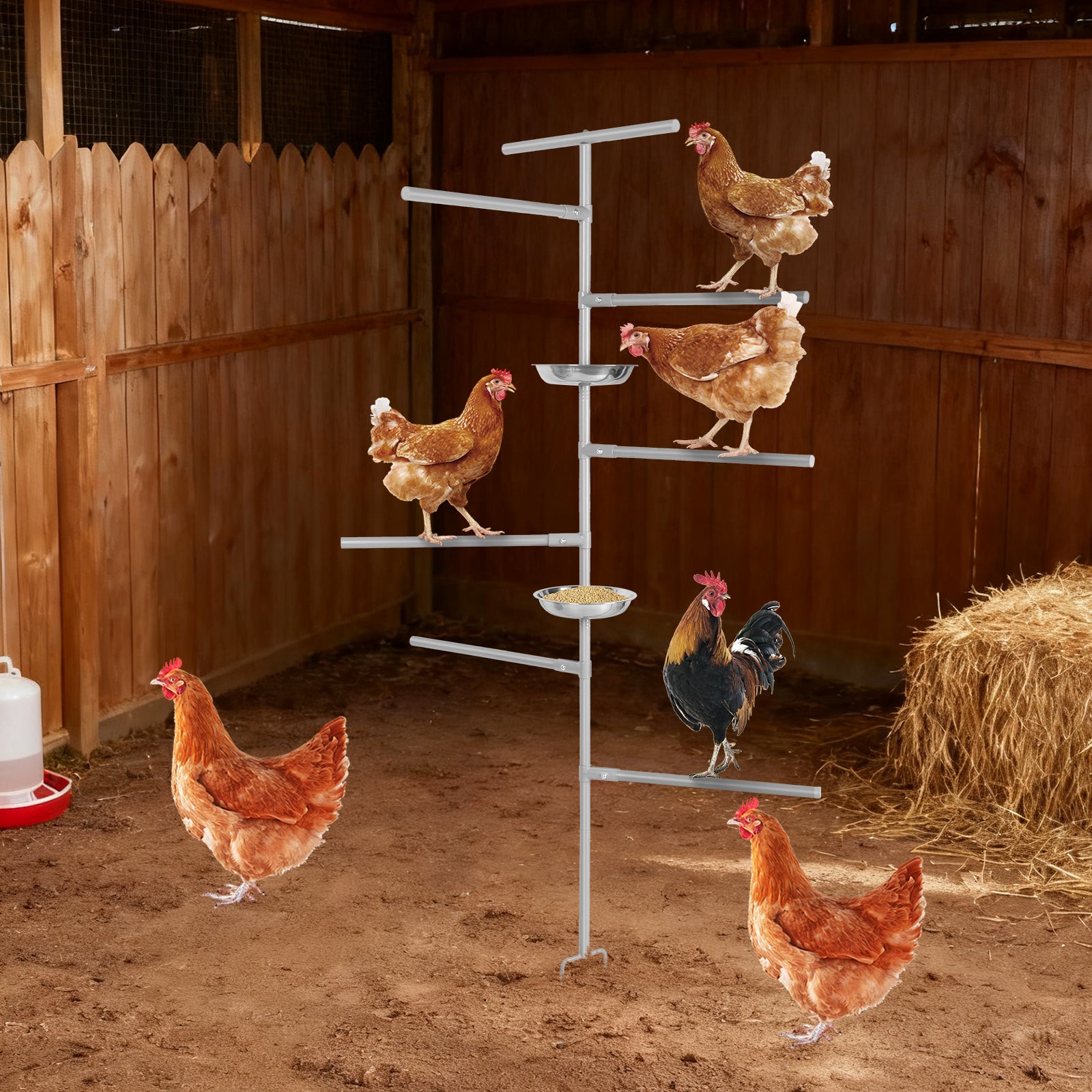 8-Tier Metal Chicken Roosting Bar with 2 Feeders, Ground-Inserted Iron Perch Stand for Poultry Coops